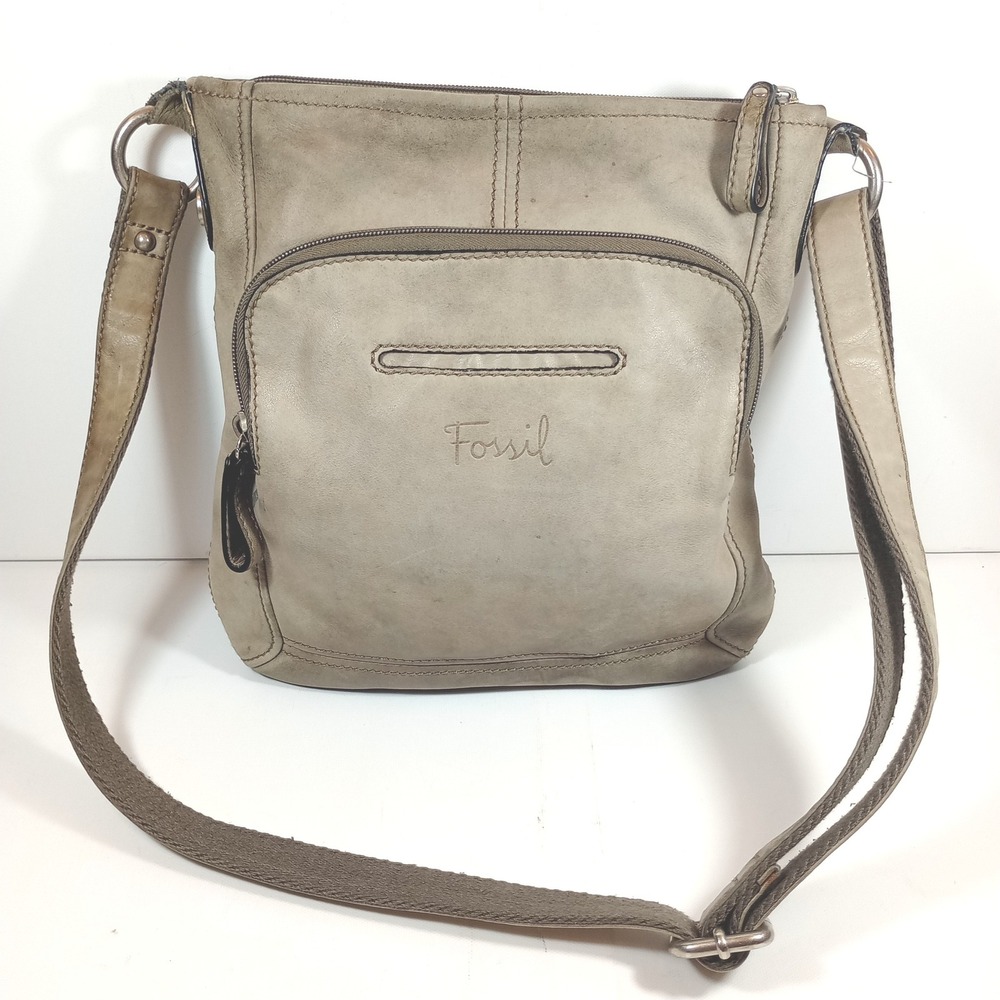 Vintage Fossil Crossbody Bag Taupe Gray Leather Multi Pocket Utility Purse Small